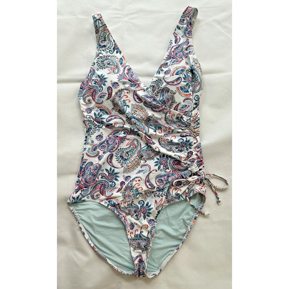 Niptuck One Piece Swimsuit Womens Size 8 Paisley Ruched Built in Bra Adj Straps